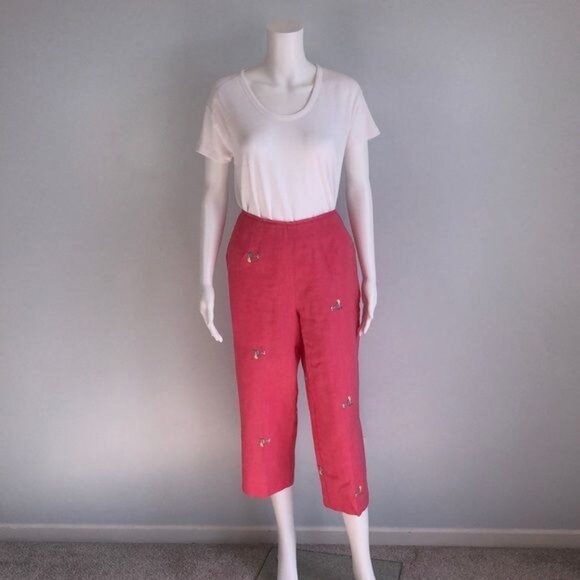 Vintage Linen Cocktail Motif Party Crop Pants - S - Picture 2 of 7